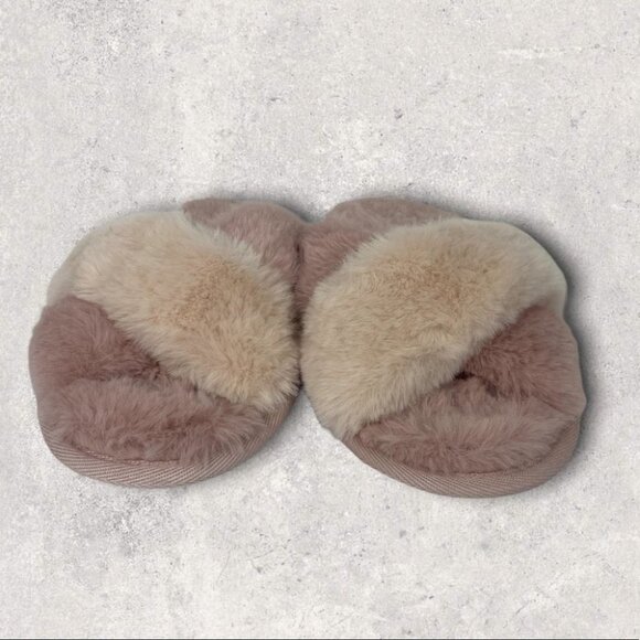 NEW Nordstrom Faux Fur Plush Slippers Pink Criss Cross Size Small Two Toned Shoe - Picture 9 of 13